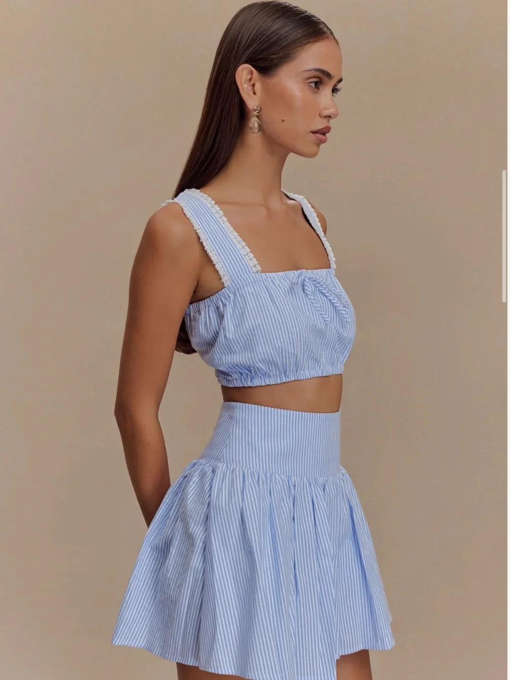 Meshki Light Blue & White Striped High-Waist Skater Skirt & Top